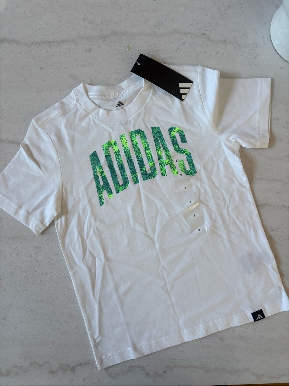 adidas White Short Sleeve Tee with Green Sparkle Logo